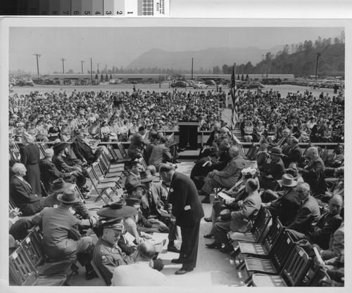 Photograph of the crowd at the dedication of Rodger Young Village