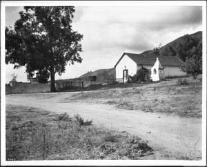 Exterior view of a church, taken from the road on the Pauma Indian Mission, ca.1900