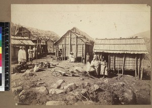 Villagers outside homes, Madagascar, ca. 1880