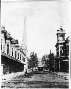 View looking west on Second Street from Spring Street, Los Angeles, ca.1886