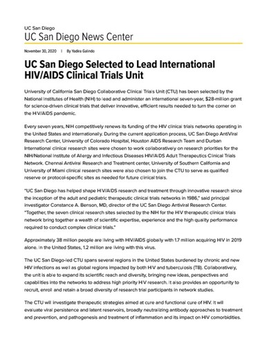 UC San Diego Selected to Lead International HIV/AIDS Clinical Trials Unit