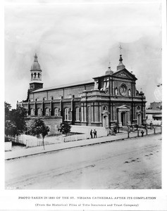 Exterior view of the St. Vibiana Cathedral soon after its completion on Main Street, Los Angeles, ca.1880