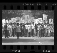 UCLA students walking arm in arm, others with picket signs during protest against National Guard actions at UC Berkeley, 1969