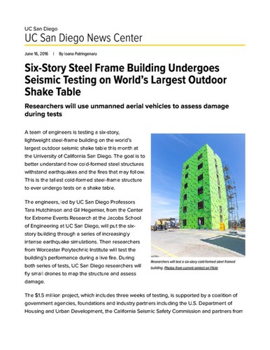 Six-Story Steel Frame Building Undergoes Seismic Testing on World's Largest Outdoor Shake Table