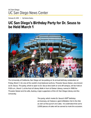 UC San Diego’s Birthday Party for Dr. Seuss to be Held March 1