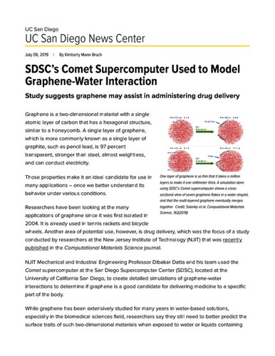 SDSC’s Comet Supercomputer Used to Model Graphene-Water Interaction