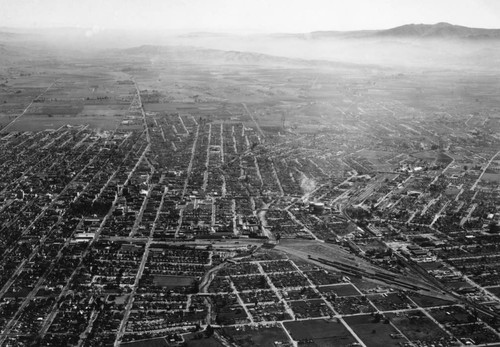 1940, San Jose, Aerial view of freight yard, looking west