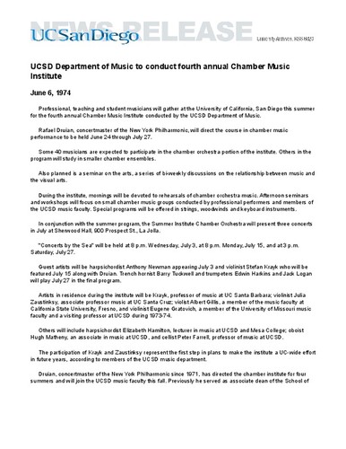 UCSD Department of Music to conduct fourth annual Chamber Music Institute