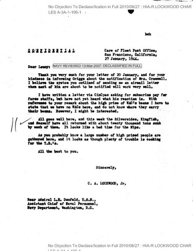 C. A. Lockwood letter to Rear Admiral L. E. Denfeld