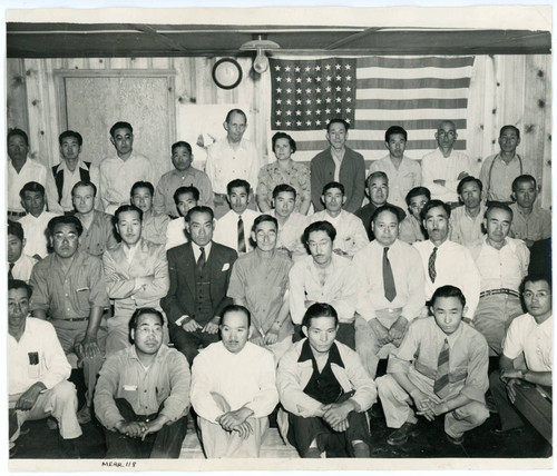 Photograph of block managers meeting at Manzanar Town Hall