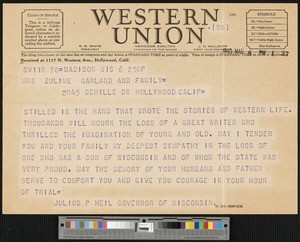 Julius P. Heil, telegram, 1940-03-06, to Zulime Garland