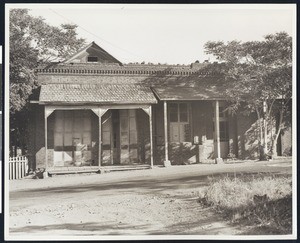 Exterior view of old buildings of the 1850's, Chinese Camp, ca.1930