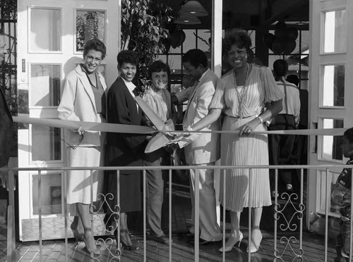 Clemon's Restaurant ribbon cutting participants Pat Russell and Diane Watson posing together, Los Angeles, 1984