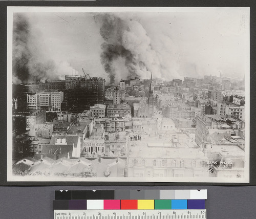 [View south from Nob Hill toward fire burning south of Market St.]