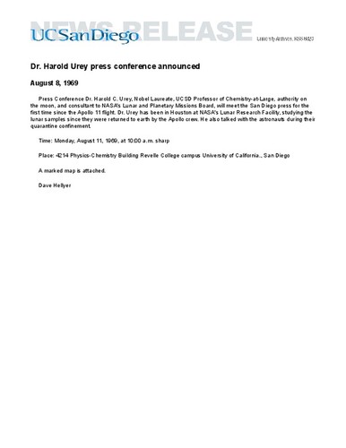 Dr. Harold Urey press conference announced