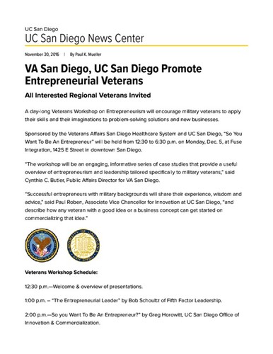 VA San Diego, UC San Diego Promote Entrepreneurial Veterans