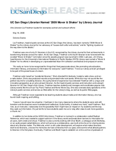 UC San Diego Librarian Named ‘2009 Mover & Shaker’ by Library Journal--Arts Librarian Lia Friedman lauded for exemplary activist and outreach efforts