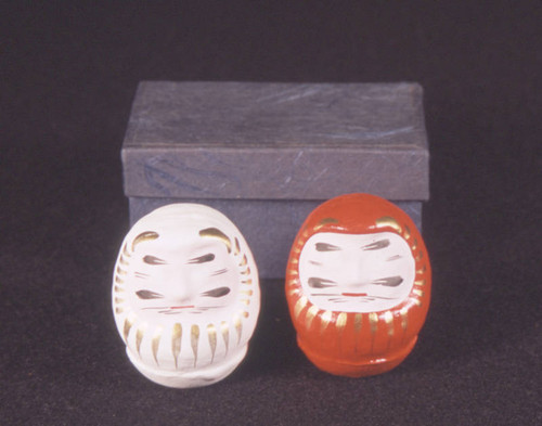 Pair of Daruma dolls (white and red) with box