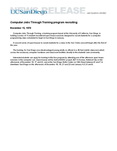 Computer Jobs Through Training program recruiting