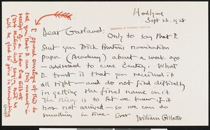 William Hooker Gillette, letter, 1928-09-26, to Hamlin Garland