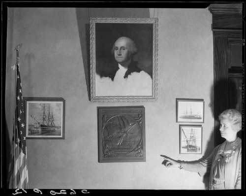 Wall with paintings of S.S. Constitution, and other memorabilia, [Santa Monica?], 1933 or 1934