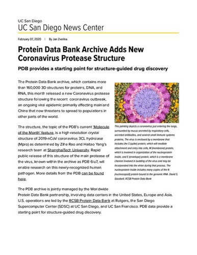 Protein Data Bank Archive Adds New Coronavirus Protease Structure