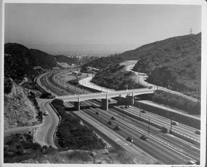 A high-angle view of the I-101 Freeway in the area of the Hollywood Bowl