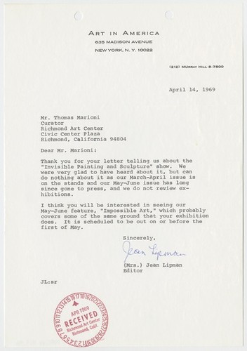 Letter to Tom Marioni from Jean Lipman (Invisible Painting and Sculpture)
