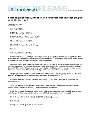 Second flight of KidSat, part of NASA's three-year pilot education program at UCSD, Jan. 13-21
