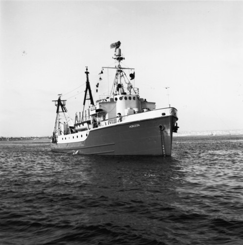A view of the Scripps Institution of Oceanography research vessel, R/V Horizon, at anchor. September 15, 1960