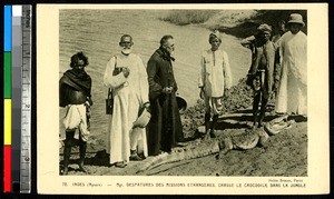 Missionaries, men, and a crocodile, Mysore, India, ca.1920-1940