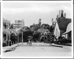 View of Third Street looking west from the corner of Hill Street, showing the Crocker residence, Los Angeles, ca.1898
