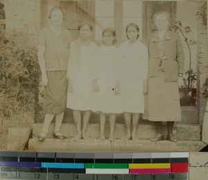 Karen Schaanning and Ingrid Helland together with three confirmants, Antsirabe, Madagascar, 1929-06-23
