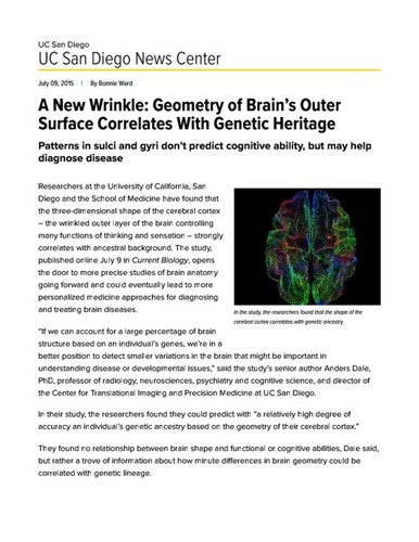 A New Wrinkle: Geometry of Brain’s Outer Surface Correlates With Genetic Heritage
