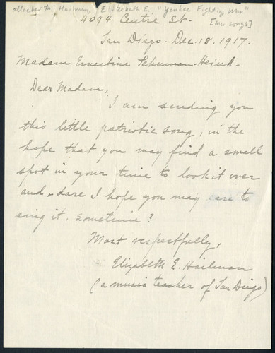 Elizabeth E. Hailman letter to Schumann-Heink, 1917 December 18