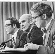 Alan Cranston US Senator in the center and California Democratic Party Chair Charles T. Manatt on the delegate selection process for the 1972 Democratic Primary