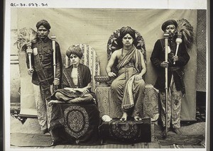 Hindu priest (Swami) with pupils and servants, India