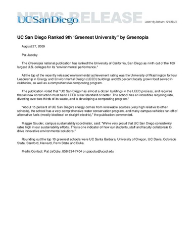 UC San Diego Ranked 9th ‘Greenest University” by Greenopia