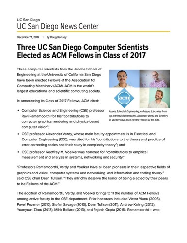 Three UC San Diego Computer Scientists Elected as ACM Fellows in Class of 2017