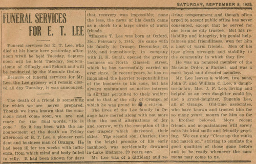 Obituary of E.T. Lee, early Orange merchant, Sept. 8, 1923