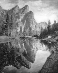 View of the Three Brothers Mountain from the Merced River in Yosemite National Park, Mariposa County, California, ca.1900-1940