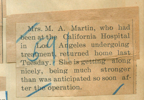 Mrs. M. A. Martin recovering