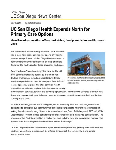 UC San Diego Health Expands North for Primary Care Options