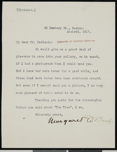 Margaret Wade Campbell Deland, letter, 1917-08-09, to Hamlin Garland