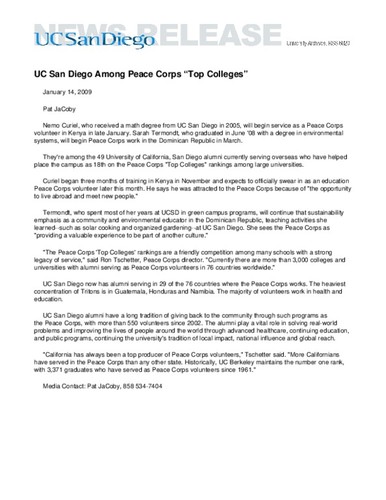 UC San Diego Among Peace Corps “Top Colleges”