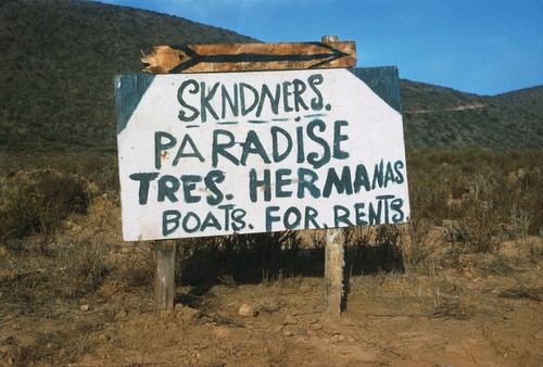 "Skin-divers paradise tres. hermanas boats for rent," Punta Banda sign, Baja California, Mexico