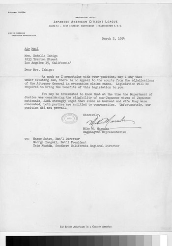 Letter, 1954 March 2, Washington, D.C. to Mrs. Estelle Ishigo, Los Angeles, Calif