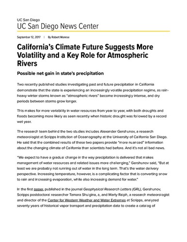 California’s Climate Future Suggests More Volatility and a Key Role for Atmospheric Rivers