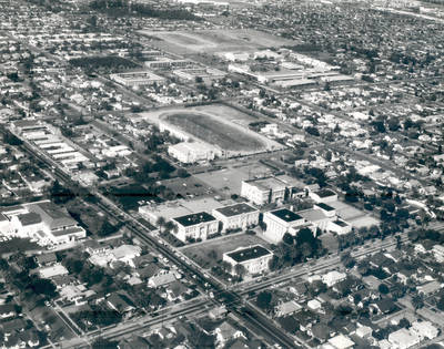Aerial view of the Chapman College campus, Orange, California, 1966