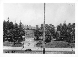 View looking north over Sunset Boulevard from Sunvue Circle, Los Angeles, including old site of Sisters' Hospital, 1937
